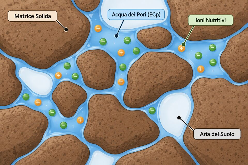 Schema del suolo con matrice solida, acqua dei pori, ioni nutritivi e aria: base della conducibilita elettrica