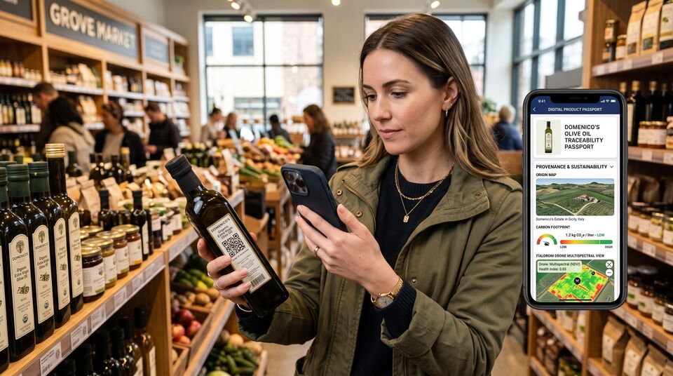 Consumatrice scansiona il QR di un olio EVO biologico e consulta il passaporto digitale di prodotto