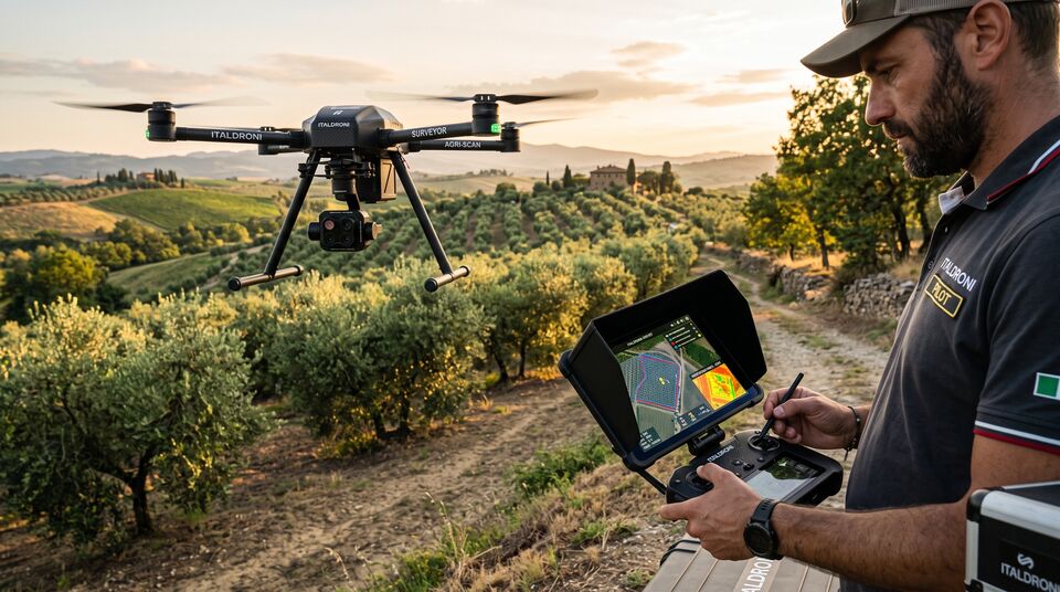 Pilota UAV con radiocomando e mappa NDVI sul tablet durante una missione di tracciabilita in oliveto