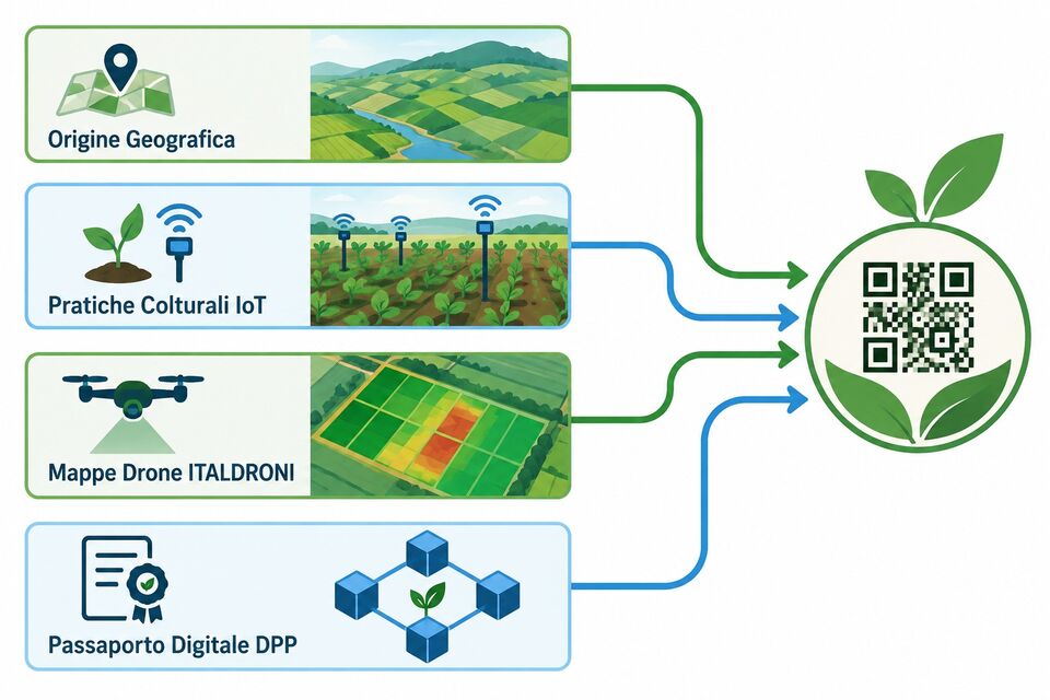 Schema del passaporto digitale DPP: origine geografica, pratiche IoT, mappe drone e certificato con QR code