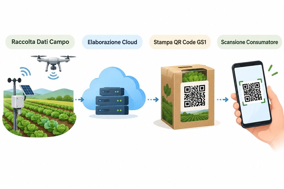 Dalla raccolta dati in campo con drone e sensori alla scansione del QR code GS1 sul prodotto confezionato