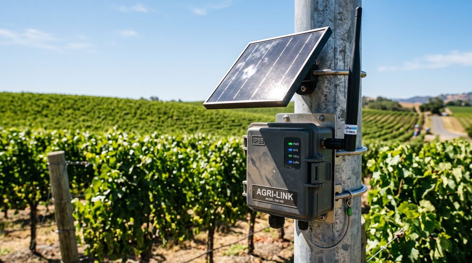 Gateway LoRaWAN a energia solare con antenna su palo in vigneto per reti di sensori wireless agricole