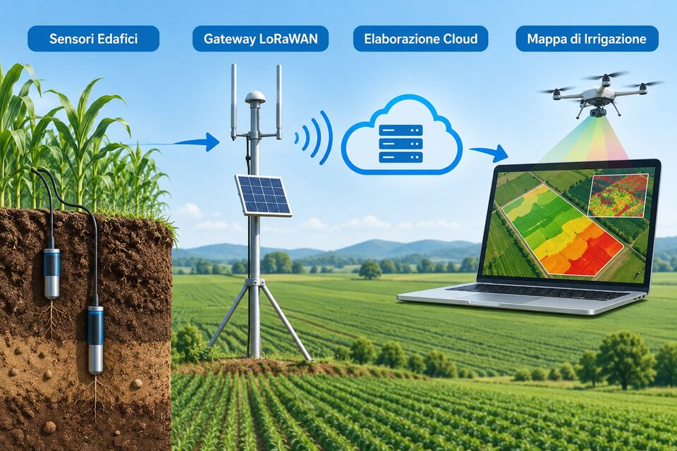 Catena WSN agricola: sensori edafici, gateway LoRaWAN, elaborazione cloud e mappa di irrigazione