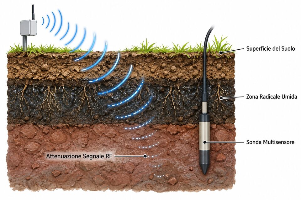 Sezione del suolo con sonda multisensore, zona radicale umida e attenuazione del segnale RF nel terreno
