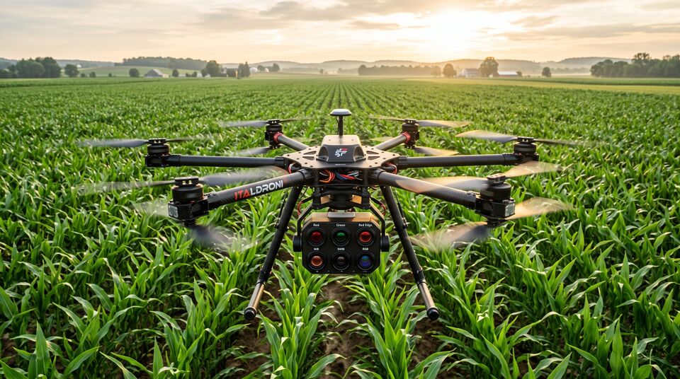 Drone ITALDRONI con camera multispettrale a sei bande sul mais per correlare spettro e carbonio organico