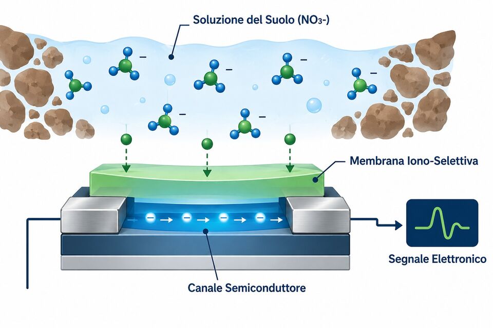 Schema ISFET: membrana iono-selettiva, canale semiconduttore e conversione in segnale elettronico