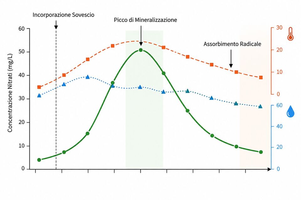 Dinamica dei nitrati dopo il sovescio: picco di mineralizzazione e assorbimento radicale della coltura