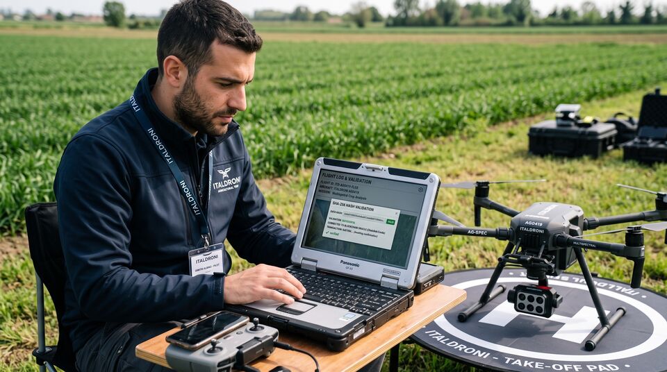 Pilota ITALDRONI valida su laptop l'hash SHA-256 dei dati di volo del drone multispettrale in campo