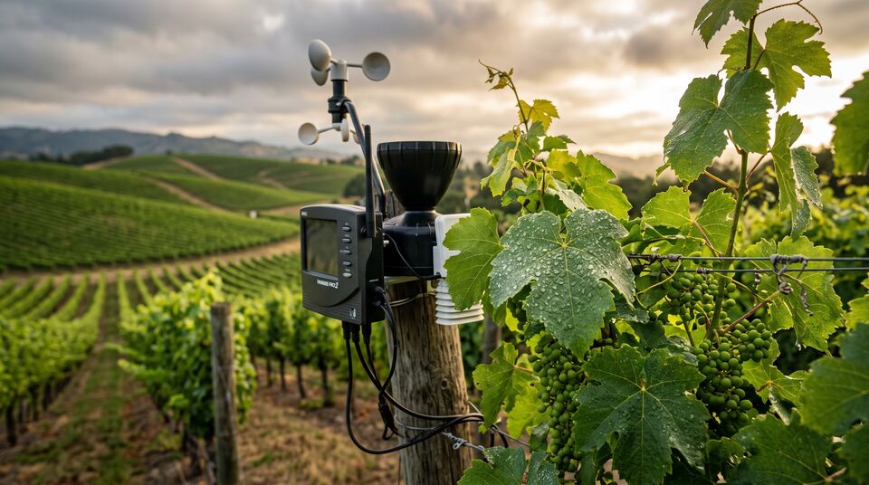 Stazione meteo con pluviometro, anemometro e datalogger in vigneto per i modelli di previsione peronospora