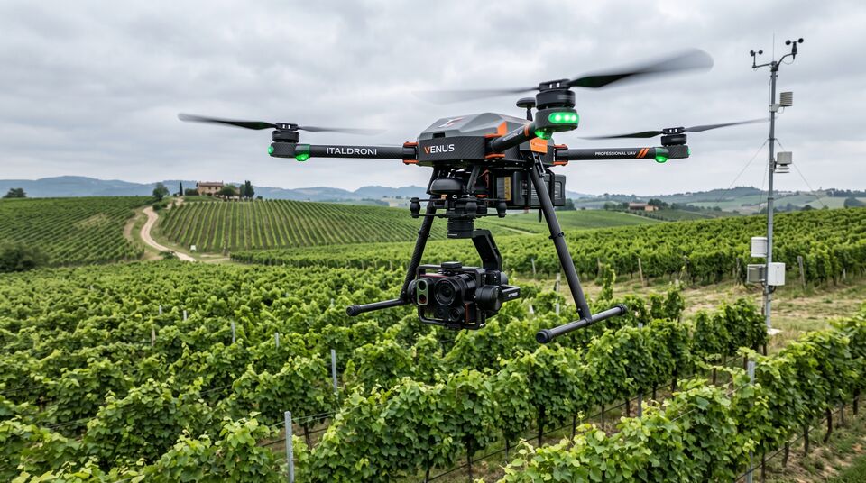 Drone ITALDRONI in volo su vigneto con stazione meteo sullo sfondo per il monitoraggio microclimatico