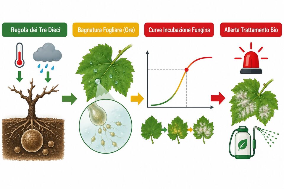 Peronospora: regola dei tre dieci, bagnatura fogliare, curva di incubazione e allerta trattamento bio