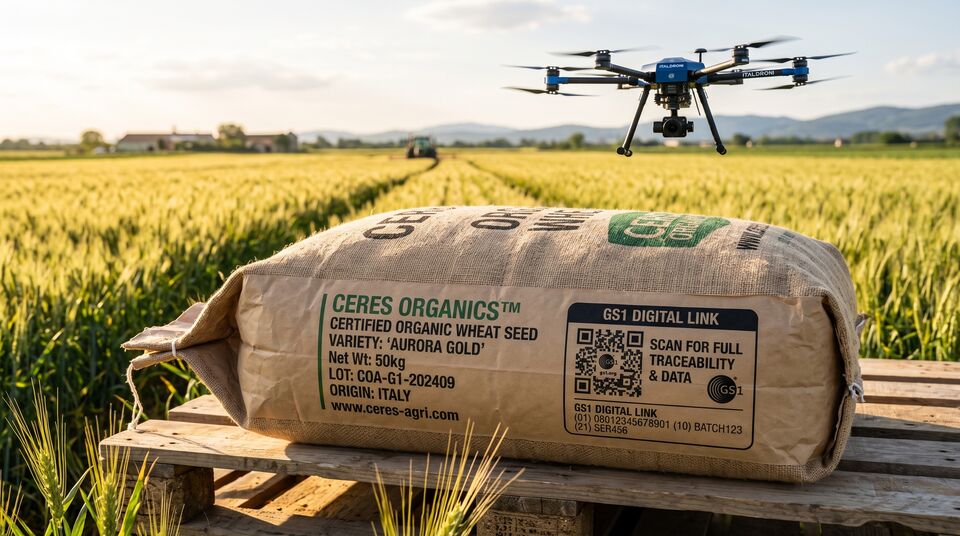 Sacchetto di sementi bio con QR code GS1 Digital Link e lotto tracciato, drone in volo sul campo di grano