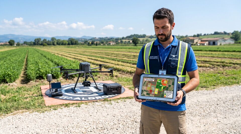 Pilota UAV mostra su tablet zone cuscinetto e mappa di vigore NDVI accanto al drone sulla piazzola di decollo