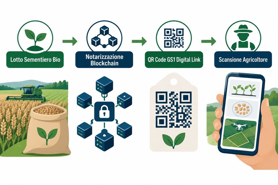 Tracciabilita blockchain del lotto sementiero bio: notarizzazione, QR code GS1 e scansione dell'agricoltore