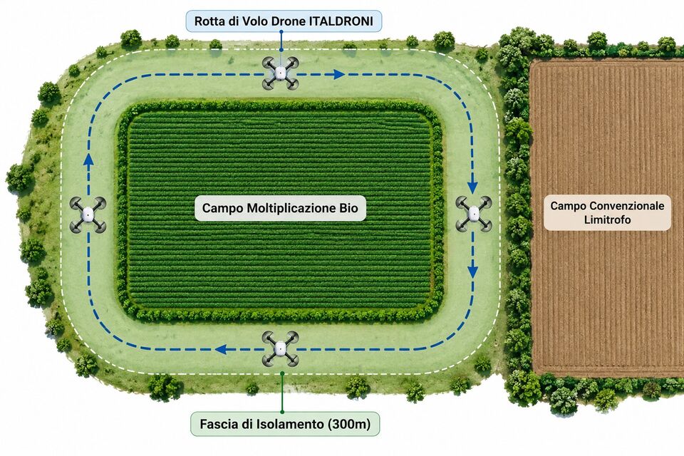 Vista aerea del campo di moltiplicazione bio con fascia di isolamento di 300 metri e rotta di volo del drone