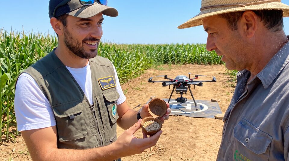 Tecnico con capsule biodegradabili di insetti utili accanto a un agricoltore e al drone sulla piazzola