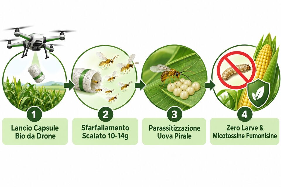 Ciclo del biocontrollo della pirale: lancio capsule da drone, sfarfallamento e parassitizzazione delle uova