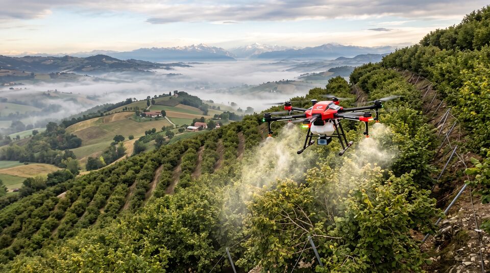 Drone irroratore in volo su un noccioleto collinare con nebbia a valle per il trattamento di precisione