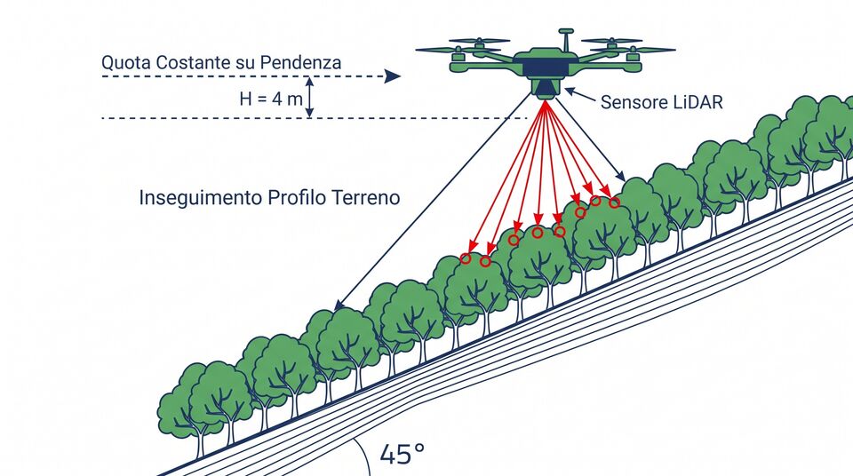 Volo a quota costante su pendenza con sensore LiDAR per il rilascio a bassa quota in colture arboree