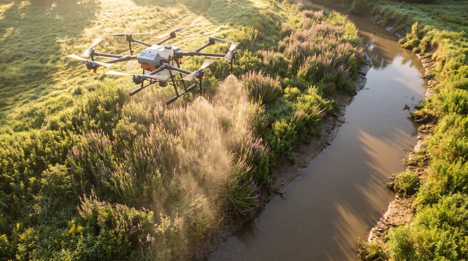 Drone irroratore tratta la vegetazione lungo un canale in zona umida per il biocontrollo delle specie invasive