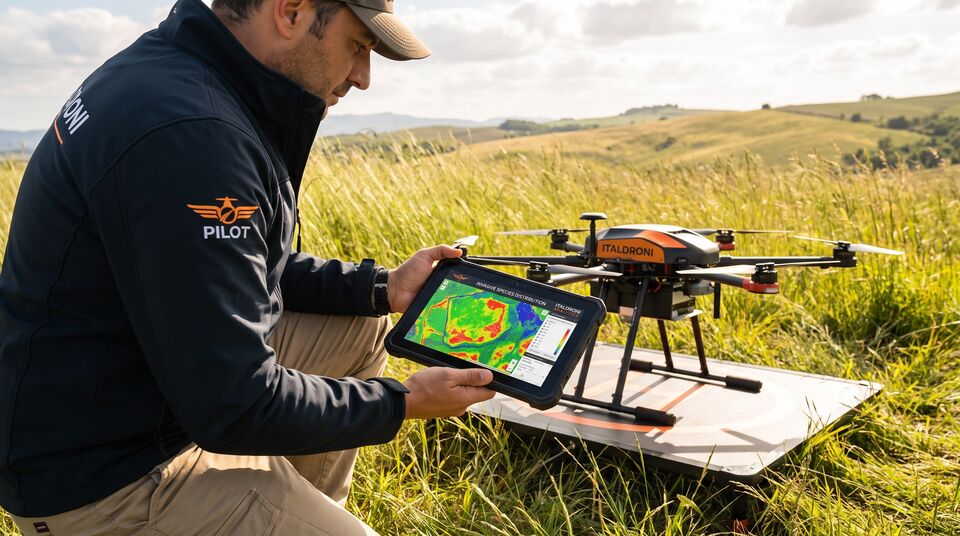 Pilota con tablet e mappa della distribuzione delle specie invasive accanto al drone in campo