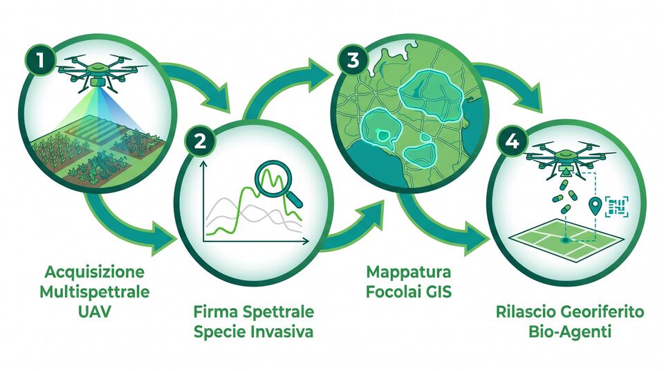 Biocontrollo aereo: acquisizione multispettrale UAV, firma spettrale, mappa GIS e rilascio georiferito