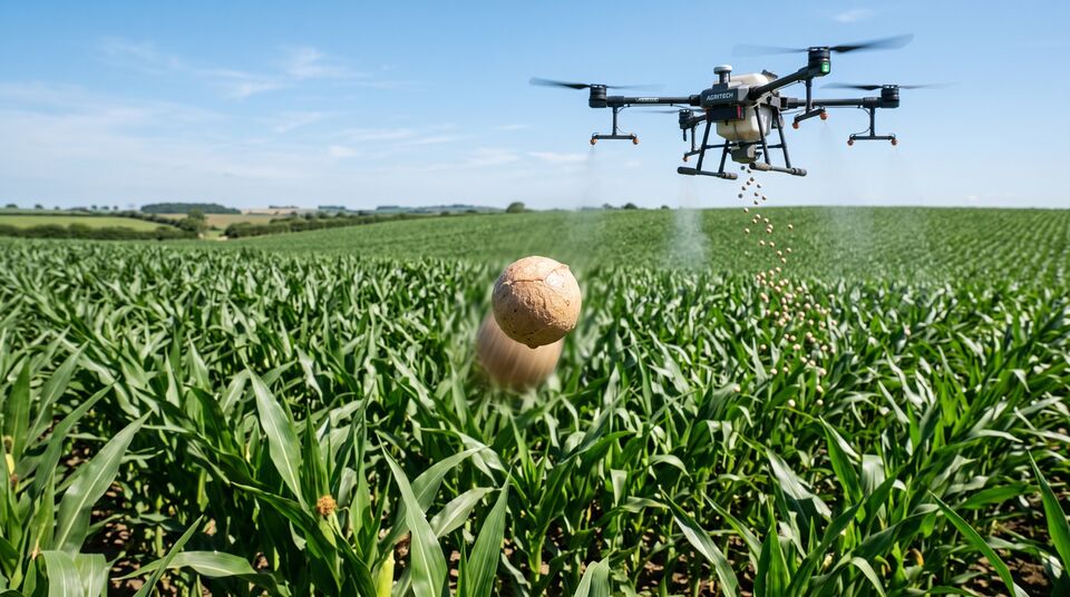 Drone con distributore a dosaggio rilascia capsule biodegradabili di Trichogramma su un campo di mais