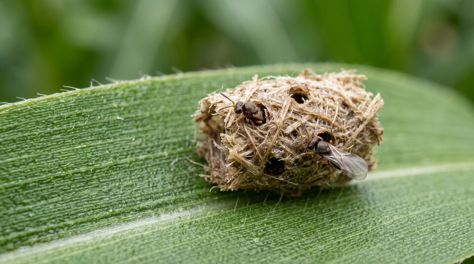 Macro di due Trichogramma adulte che fuoriescono da una capsula biodegradabile appoggiata su una foglia