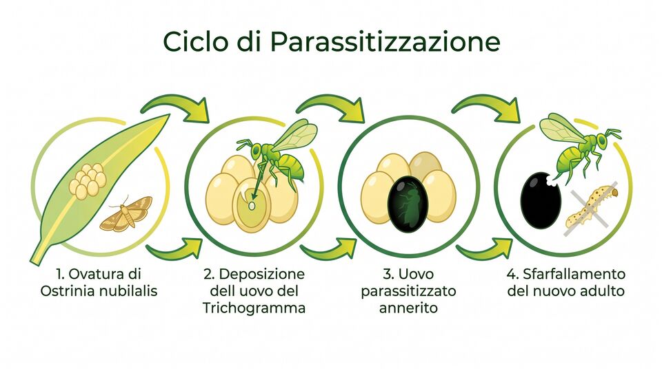 Ciclo di parassitizzazione del Trichogramma: ovatura di Ostrinia nubilalis, deposizione e sfarfallamento