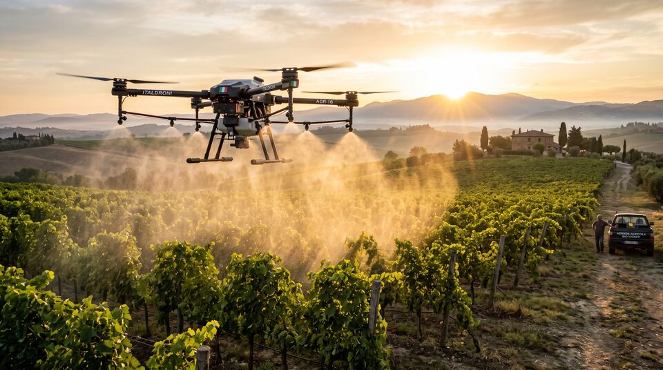 Drone ITALDRONI in irrorazione a bassissimo volume su vigneto al tramonto con nebulizzazione fine