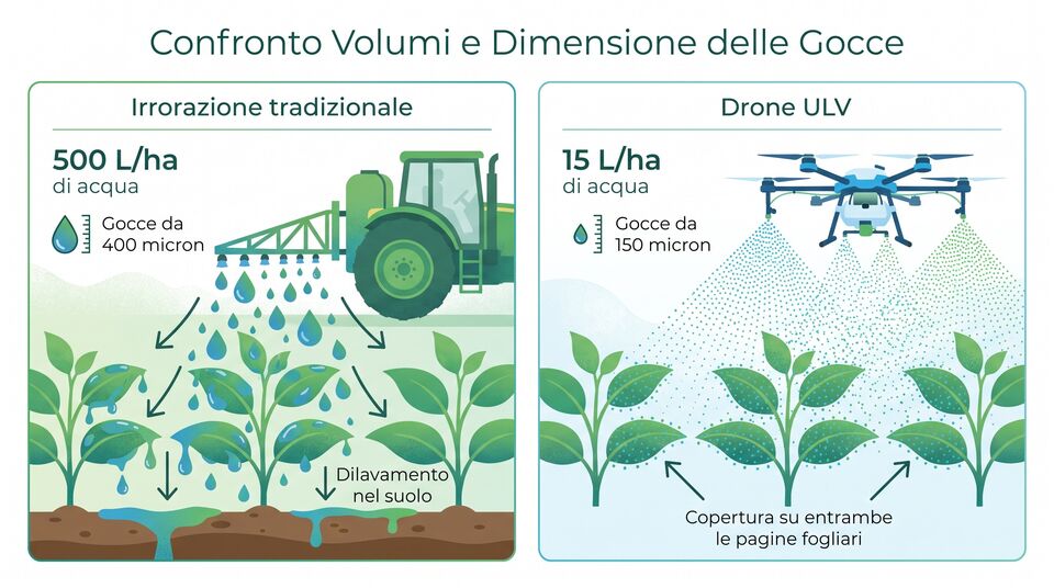 Irrorazione tradizionale 500 l/ha contro drone ULV 15 l/ha: dimensione gocce e copertura a confronto