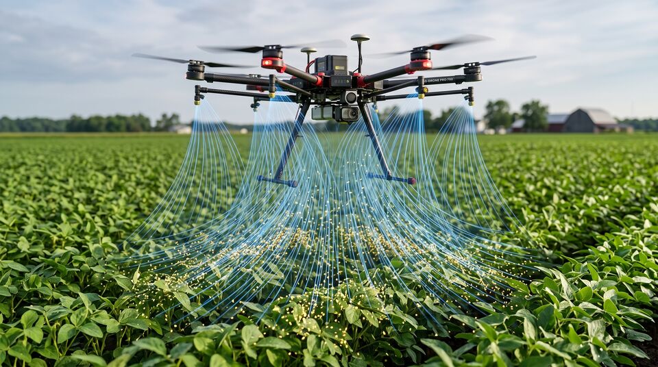 Drone con distribuzione di vermiculite e insetti utili su coltura in fiore con flussi direzionati