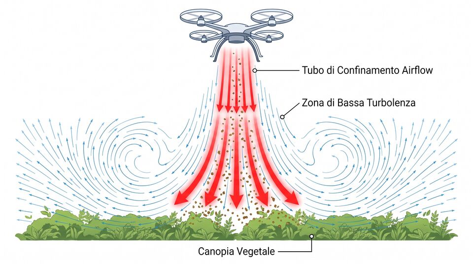 Schema del flusso di lancio della vermiculite dal drone: getto confinato, turbolenza ridotta e canopia