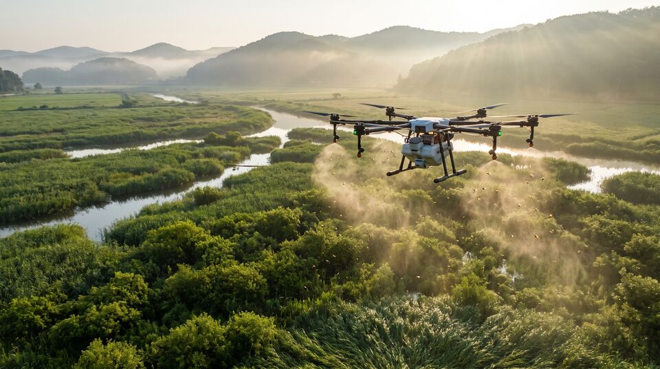 Drone irroratore in volo su paludi e canali in una zona umida inaccessibile ai mezzi meccanici