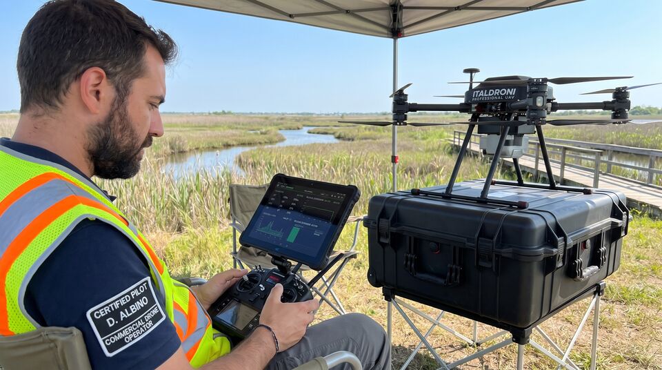 Operatore con radiocomando e drone ITALDRONI professional UAV in zona umida per il biocontrollo aereo