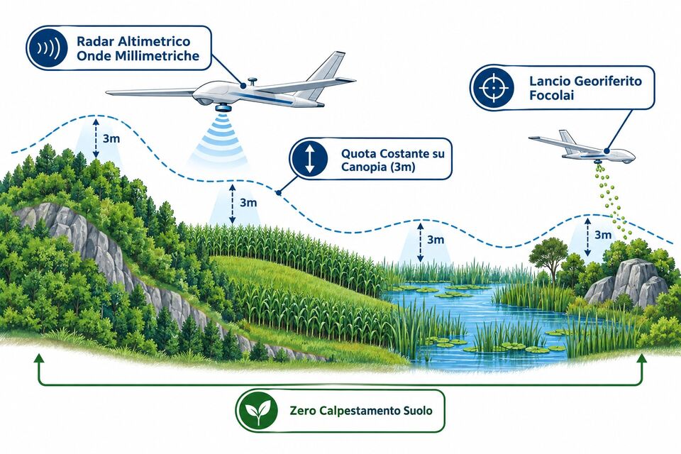 Radar altimetrico a onde millimetriche per quota costante sulla canopia e lancio georiferito sui focolai