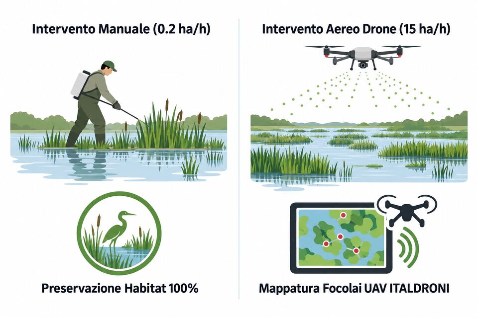 Confronto intervento manuale a 0,2 ettari ora e drone a 15 ettari ora con mappatura focolai UAV ITALDRONI