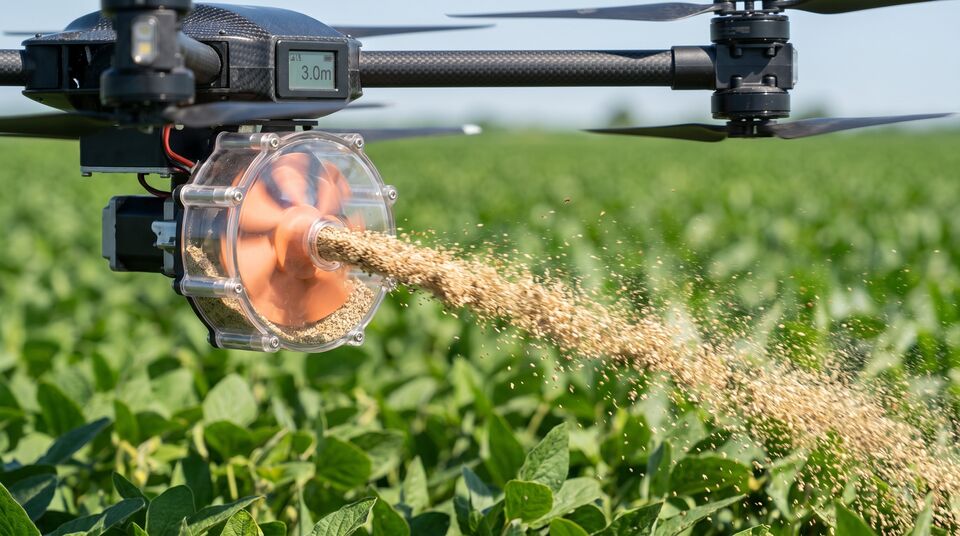 Distributore a disco centrifugo sotto un drone rilascia vermiculite e insetti utili su coltura da foglia