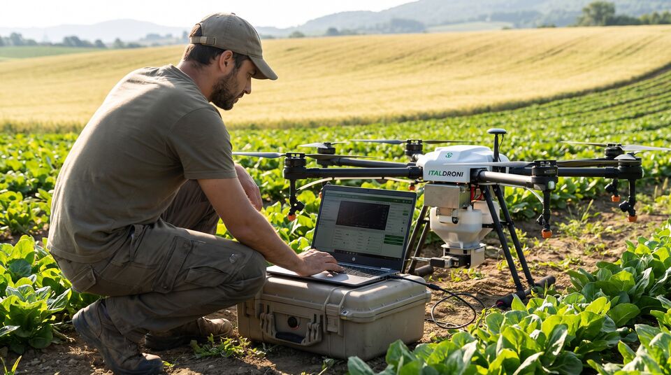 Tecnico calibra su laptop i parametri di volo di un drone ITALDRONI con serbatoio per insetti utili