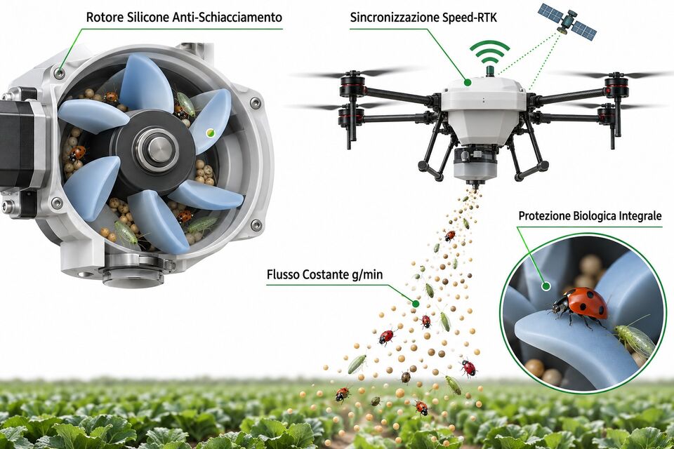 Rotore in silicone anti-schiacciamento e sincronizzazione RTK per il rilascio di acari predatori