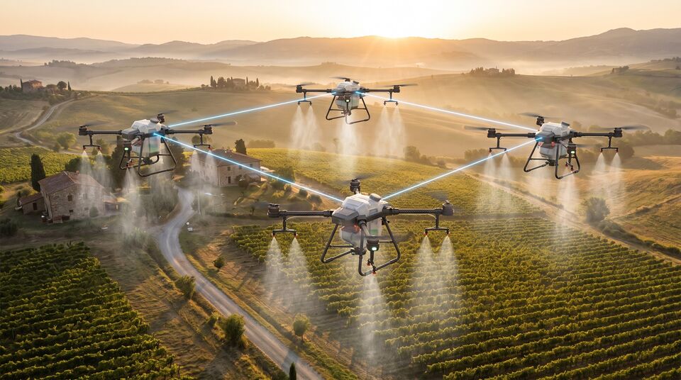 Sciame di quattro droni irroratori collegati in rete su colline coltivate al tramonto