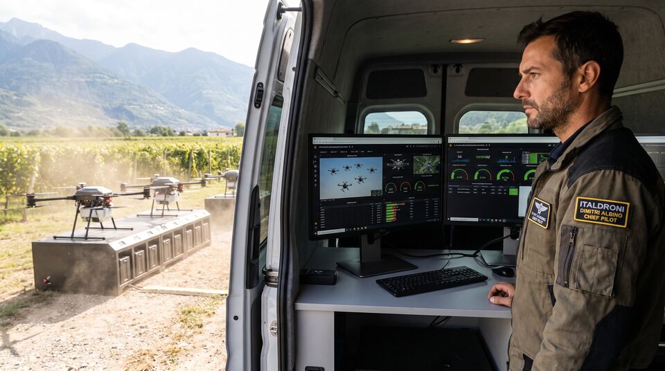 Chief pilot ITALDRONI nel furgone operativo con dashboard della flotta di droni in carica all'esterno