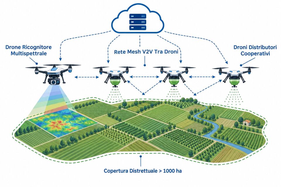 Sciame autonomo: drone ricognitore multispettrale, rete mesh V2V e droni distributori cooperativi su 1000 ha
