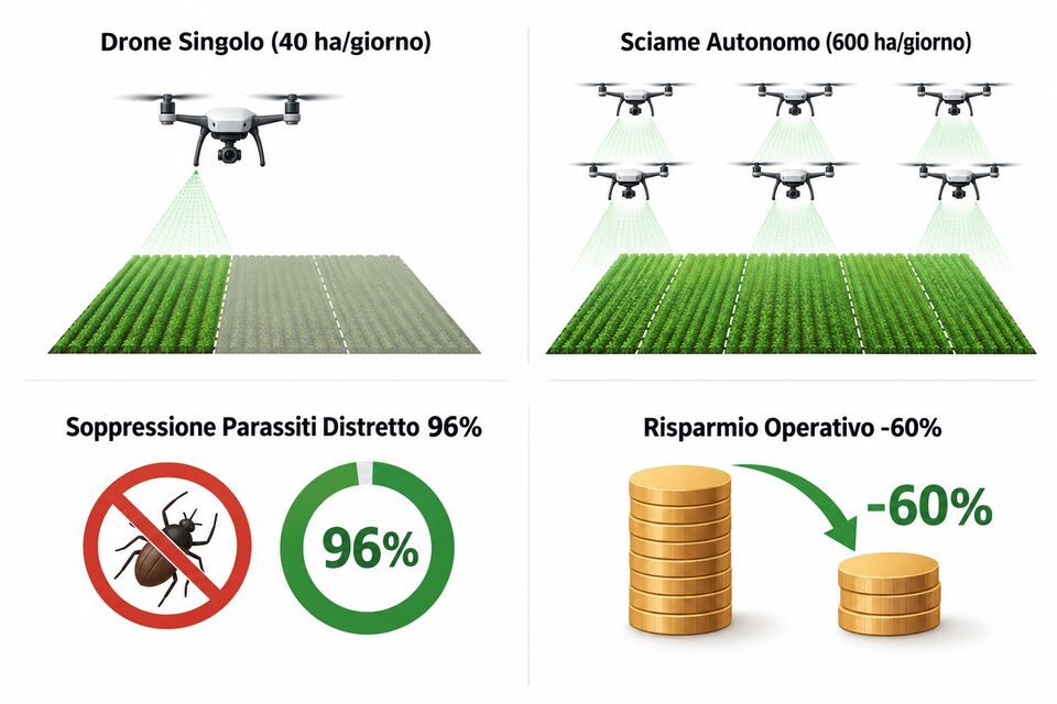 Confronto drone singolo e sciame autonomo: 40 contro 600 ettari al giorno con soppressione parassiti al 96%
