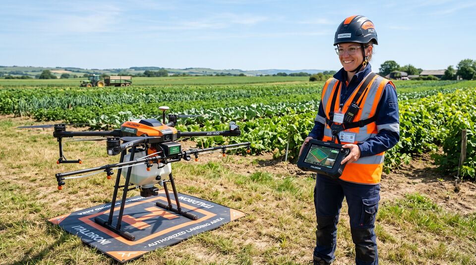 Pilota certificata con casco accanto a un drone irroratore ITALDRONI AG-400 su area di atterraggio autorizzata