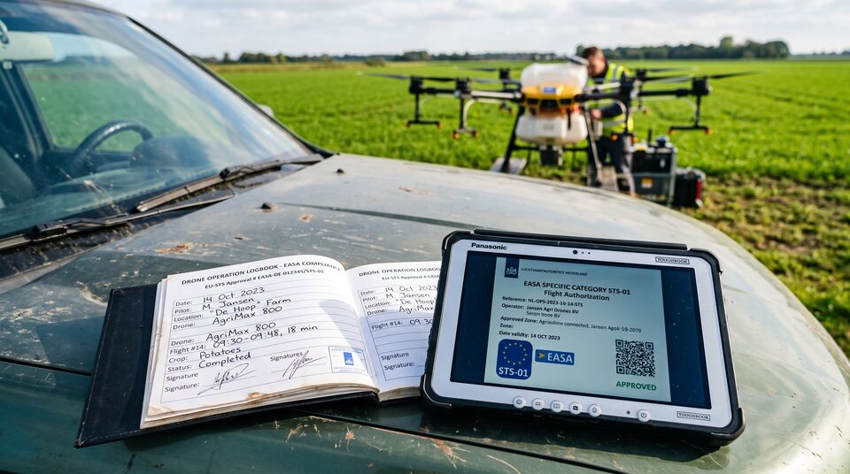 Logbook di volo EASA e autorizzazione specifica STS-01 su tablet accanto al drone in preparazione