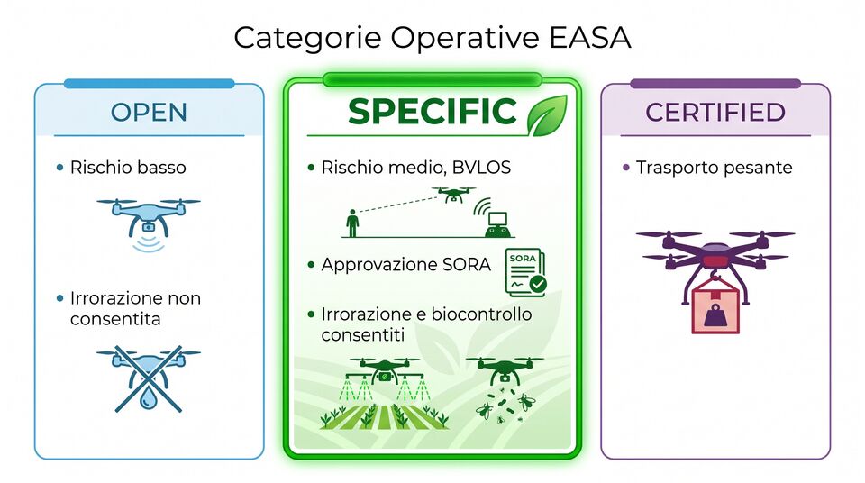 Categorie operative EASA: open, specific con SORA e biocontrollo consentito, certified per trasporto pesante
