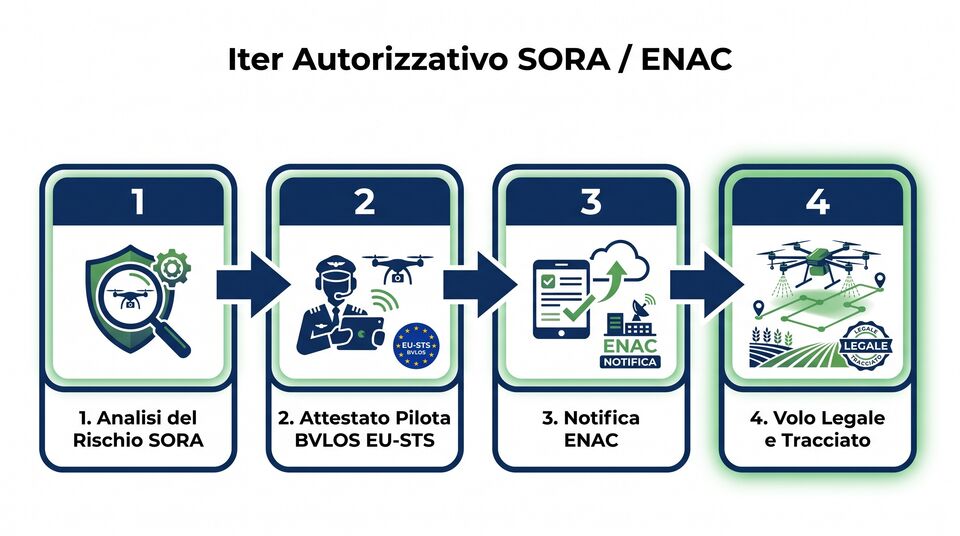 Iter autorizzativo SORA ed ENAC: analisi del rischio, attestato pilota BVLOS EU-STS, notifica e volo tracciato