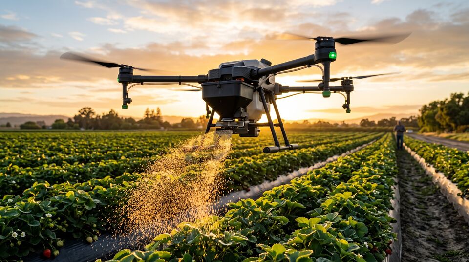 Drone distributore di acari predatori in volo su una coltura di fragole al tramonto