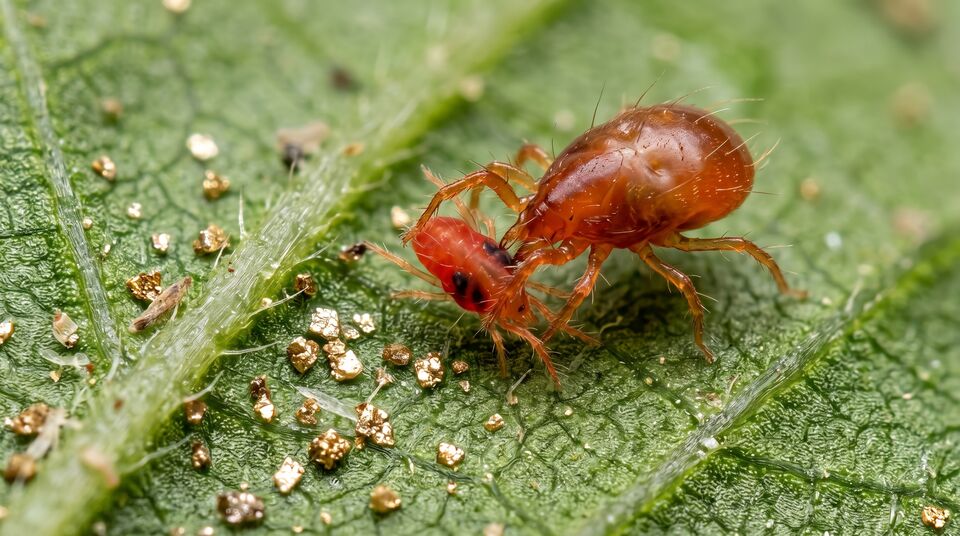 Macro di un acaro predatore che afferra una preda su foglia con scaglie di vermiculite